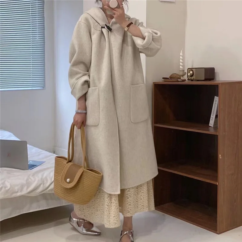 Simple New Hooded Double-sided Cashmere Coat Women Long Loose Temperament Hand-sewn Warm Wool Jacket Fit Autumn Winter Outerwear