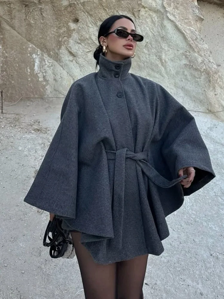 

HH Women New Winter Fashion Versatile High Collar Cape Style Button Belt Slim Coat Female Temperament High Street Casual Jacket