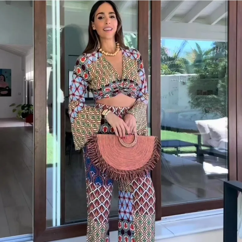 2 Piece Sets Womens Outfits Pants Sets Print Vintage Long Sleeve Crop Top Trouser Women's Clothing Trends Suits V-necks Design