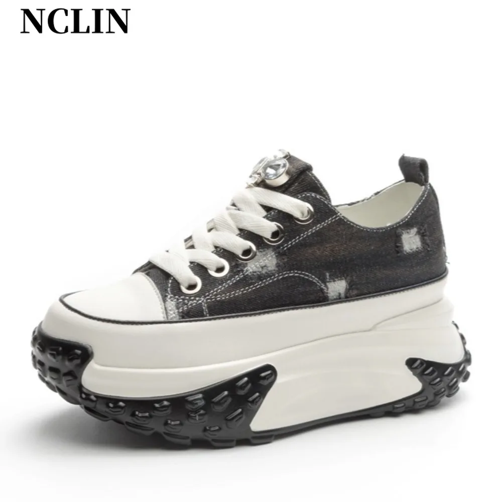 NCLIN Hot Sale Women Sneakers Genuine Leather 2024 Fashion Women Cross Tied Flats Shoes Autumn Platform Working Shoes Woman