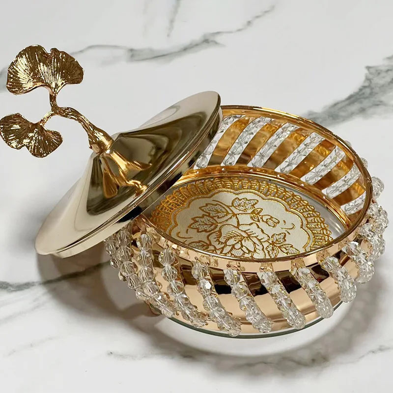 Gold Plated Apricot Leaf Candy Jar Crystal Glass Jewellery Cosmetic Cotton Swab Storage Box Metal Desktop Fruit Dried Fruit Tray