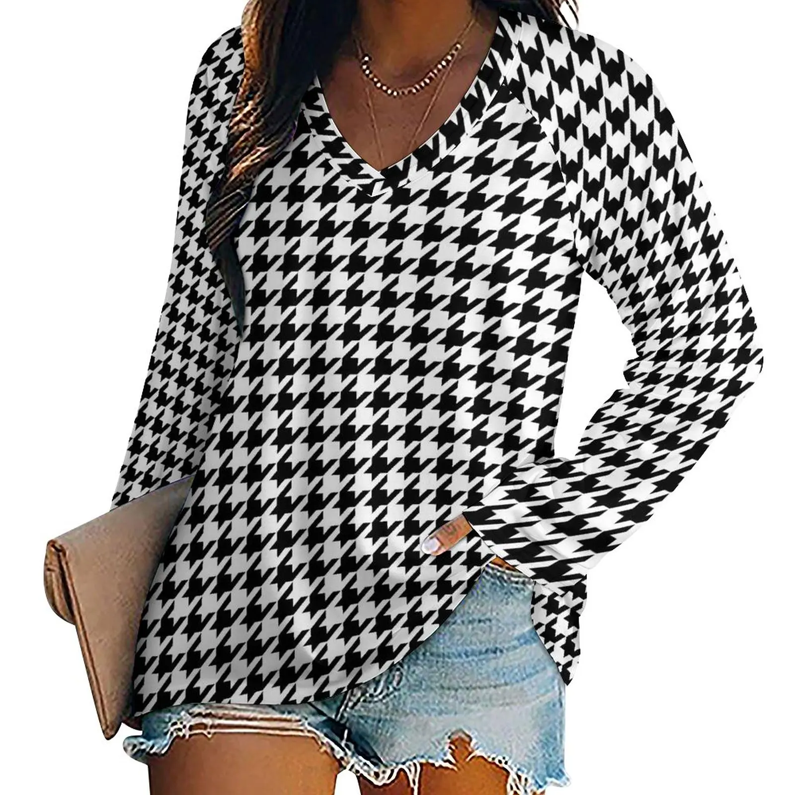 Cool Houndstooth T Shirts Checkered Print Casual T-Shirt Long Sleeve Y2K Design Tees Woman Clothing 3XL 4XL 5XL