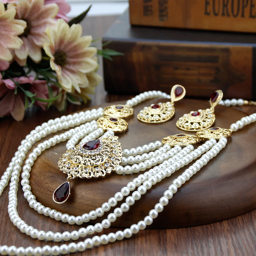 Sunspicems Morocco Bride Wedding Jewelry Algeria Women Pearl Beaded Necklace Multilayer Chain Crystal Drop Earring Caftan Bijoux