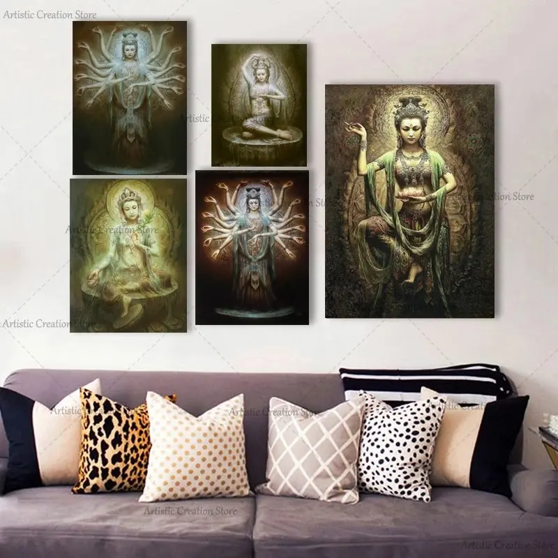 Kwan Yin and Guanyin Prints Canvas Painting Wall Pictures Room God Bless You Frame Art Posters for Modern Living Room Home Decor