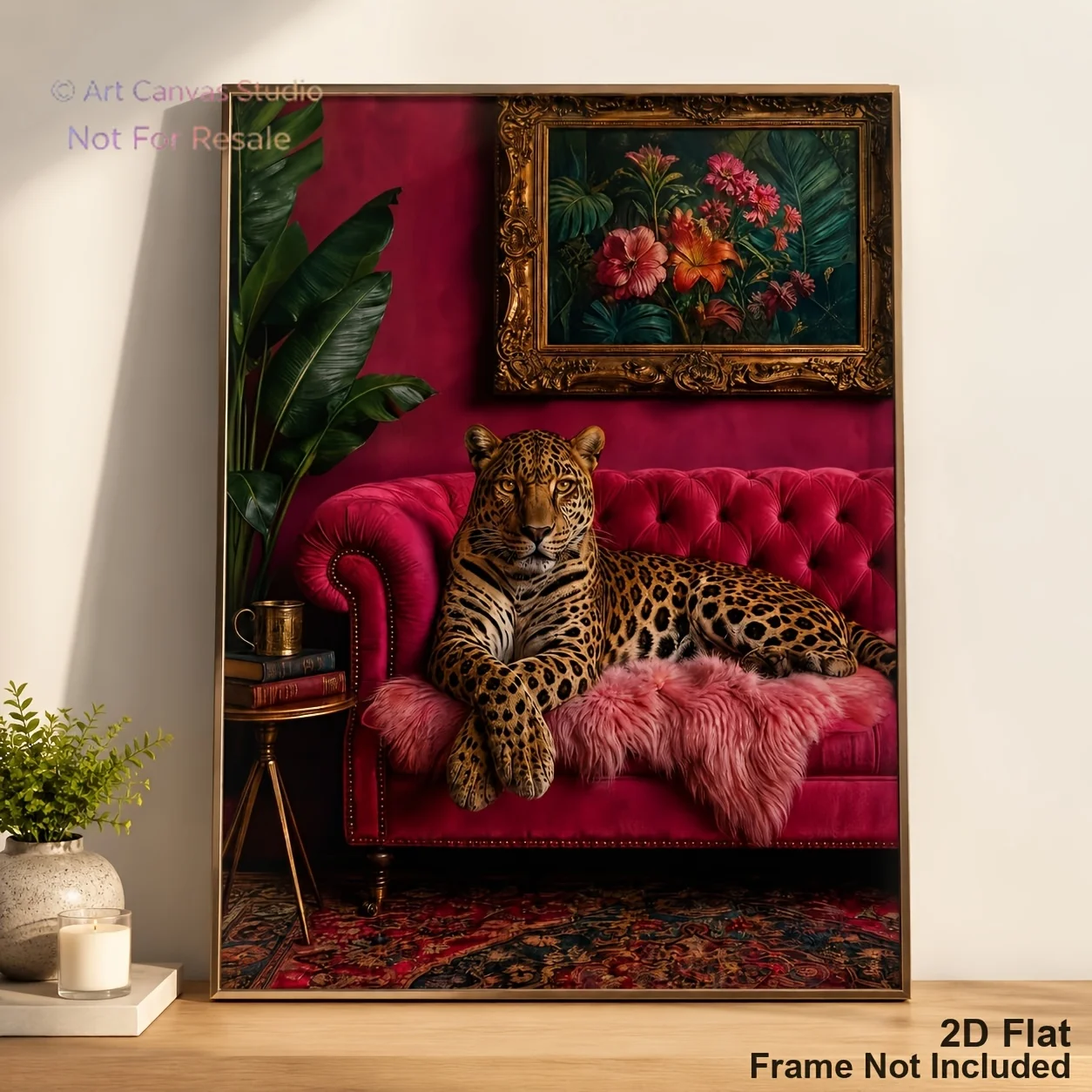 2D Flat, Posters And Prints, Leopard on Red Velvet Sofa Canvas Print, Maximalist Vintage Animal Wall Art, Dark Moody Jungle W
