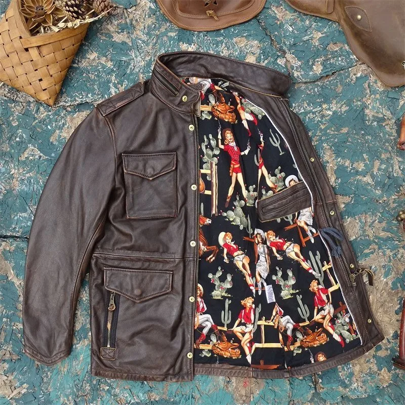 Multi Pocket Field Coat Euro Style Retro Motorcycle Bomber Jacket New Men's Genuine Leather M65 Jacket Vintage Tea Core Pull-Up