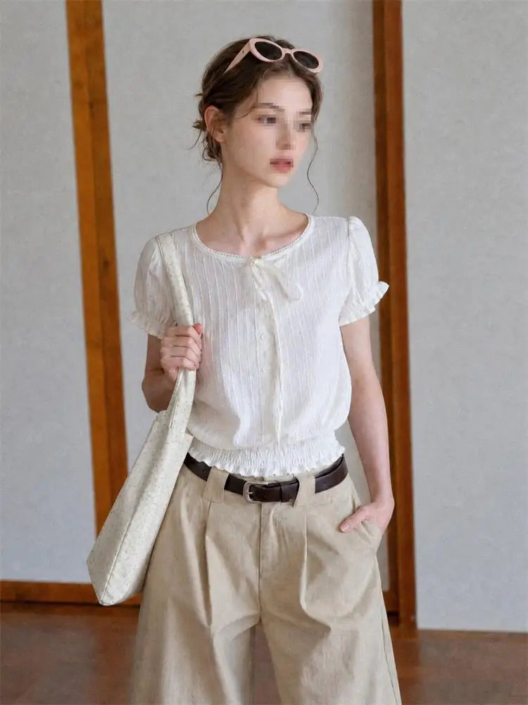 Women's Bubble Sleeve Shirt Texture Belted Slimming Design Short Sleeve Top Korean Style Commute Fashion High Waist