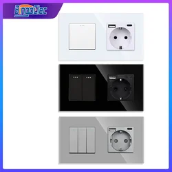 Bingoelec USB Type-C Electrical Sockets and Button Switches EU RU Standard 1gang 1/2way Light Switches with Crystal Glass Panel