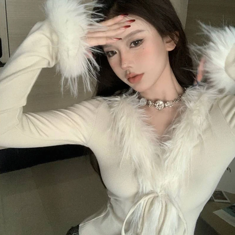 Korean Hot Girl Furry V-neck Long Sleeve Irregular Slim Short Sweater Cardigan