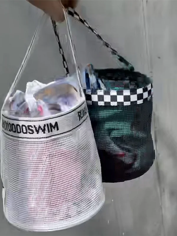 휴대용 수영 가방 비치 타월 여행 수영복 보관 버킷 세탁 가방 메쉬 배수 가능 내구성 원통형 가방