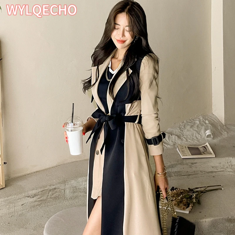 Elegant Notched Collar Lady Patchwork Windbreaker Full Sleeve Buttons Belted Women Long Trench Coats 2023 Winter Fashion Jacket