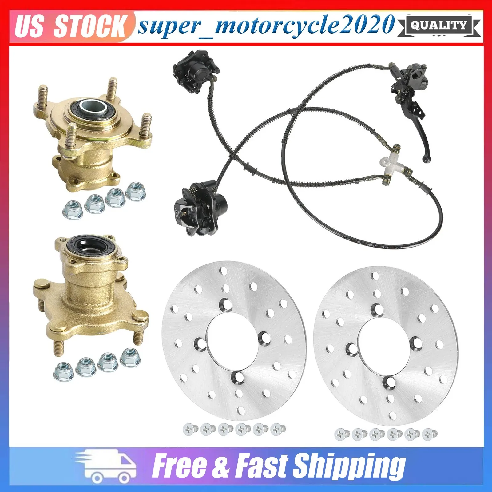 2x Front Wheel Hub + Brake Caliper + Disc Rotors For ATV Quad Bike Go Kart Trike
