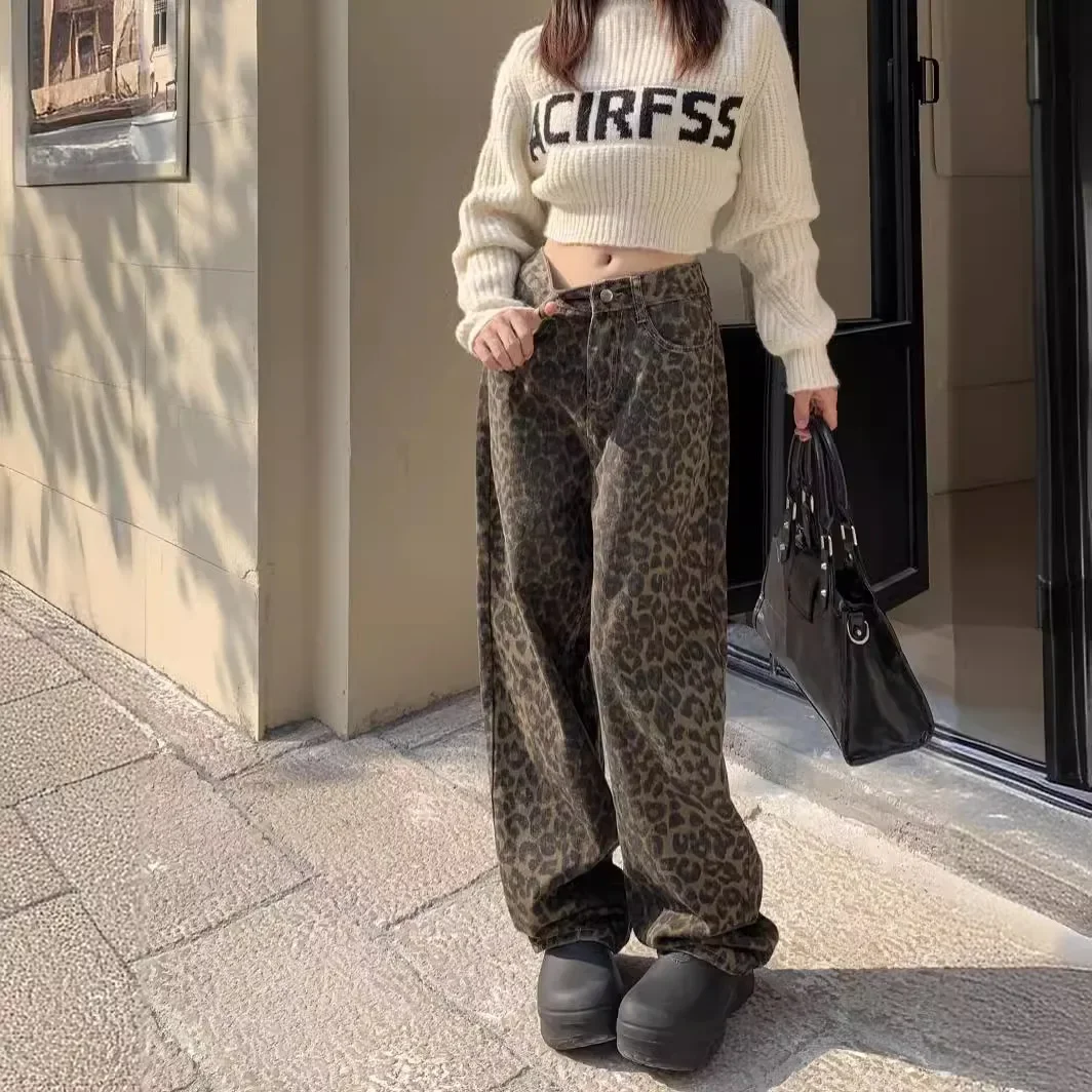 Rozciągliwe dżinsy z szerokimi nogawkami Spodnie damskie Vintage Leopard Print Jeans dla kobiet Spodnie sprane Spodnie Streetwear Jeans