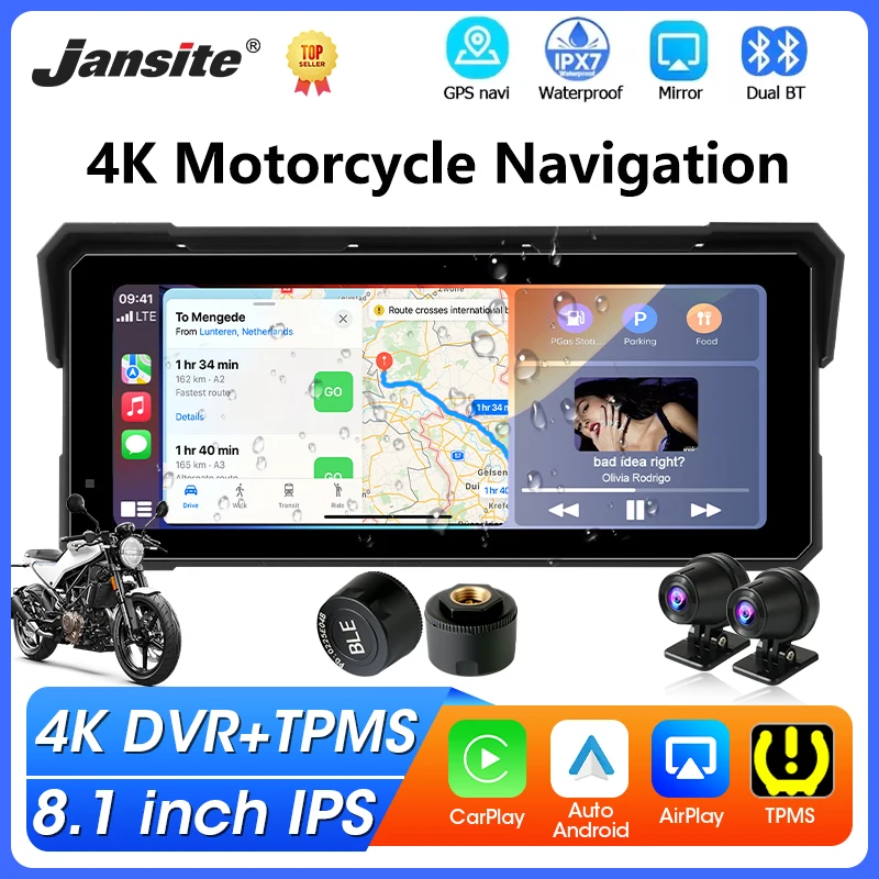 

8.1 inch Motorcycle DVR GPS Navigation IPX7 Waterproof IPS Display Wireless CarPlay Android Auto Support 4K+1080P Dual Lens TPMS
