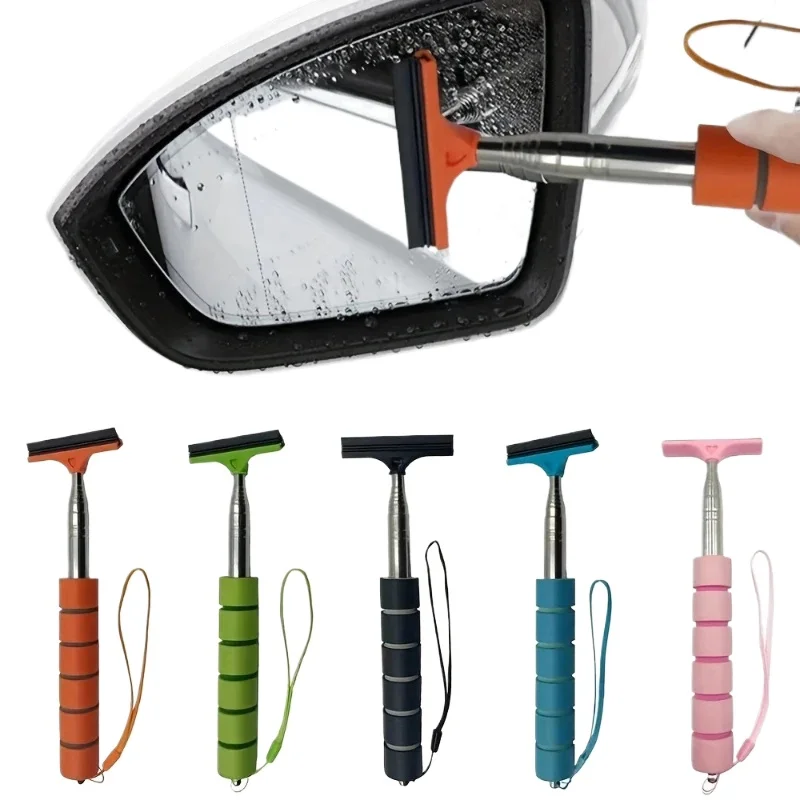 1PC Stainless Steel Telescopic Car Rearview Mirror Wiper with Retractable Layered Brush Head Handheld Window Cleaning Tool