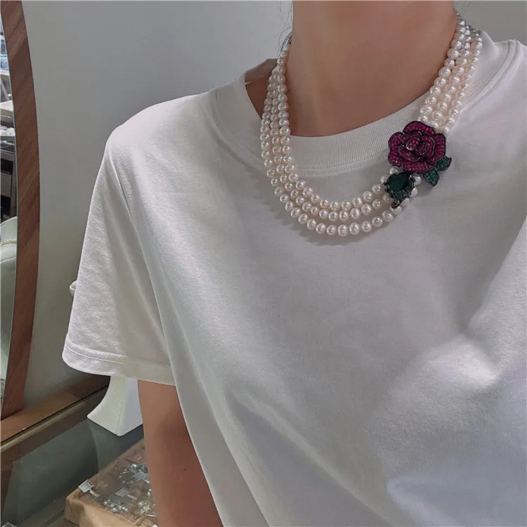 20'' 3 Strands Natural White Pearl CZ Flower Connector Necklace Handmade For Lady