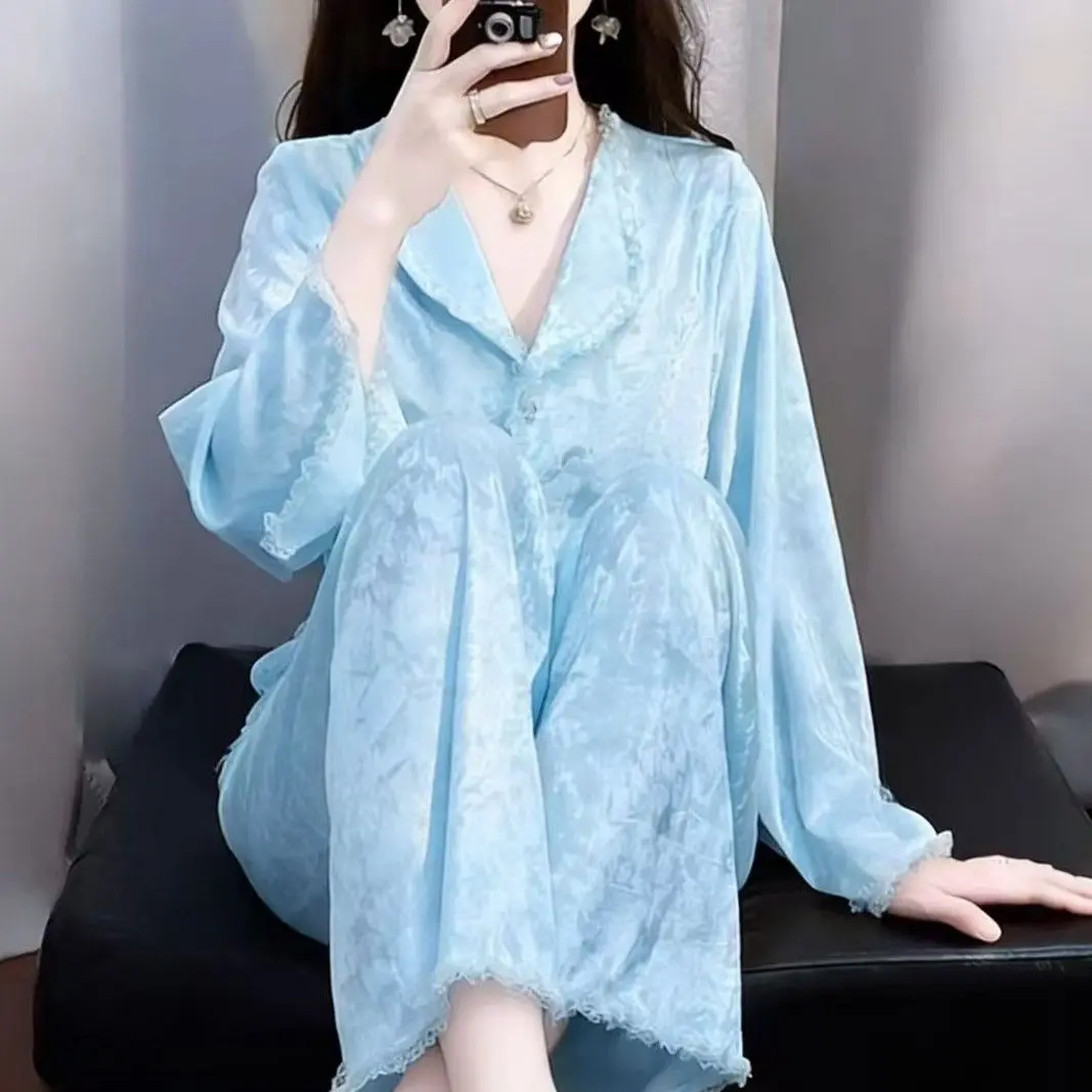 

Spring Autumn Pajamas for Women New Winter Light Luxury Large Size Bell Sleeves Gold Diamond Velvet Sweet Gold Velvet Homewear