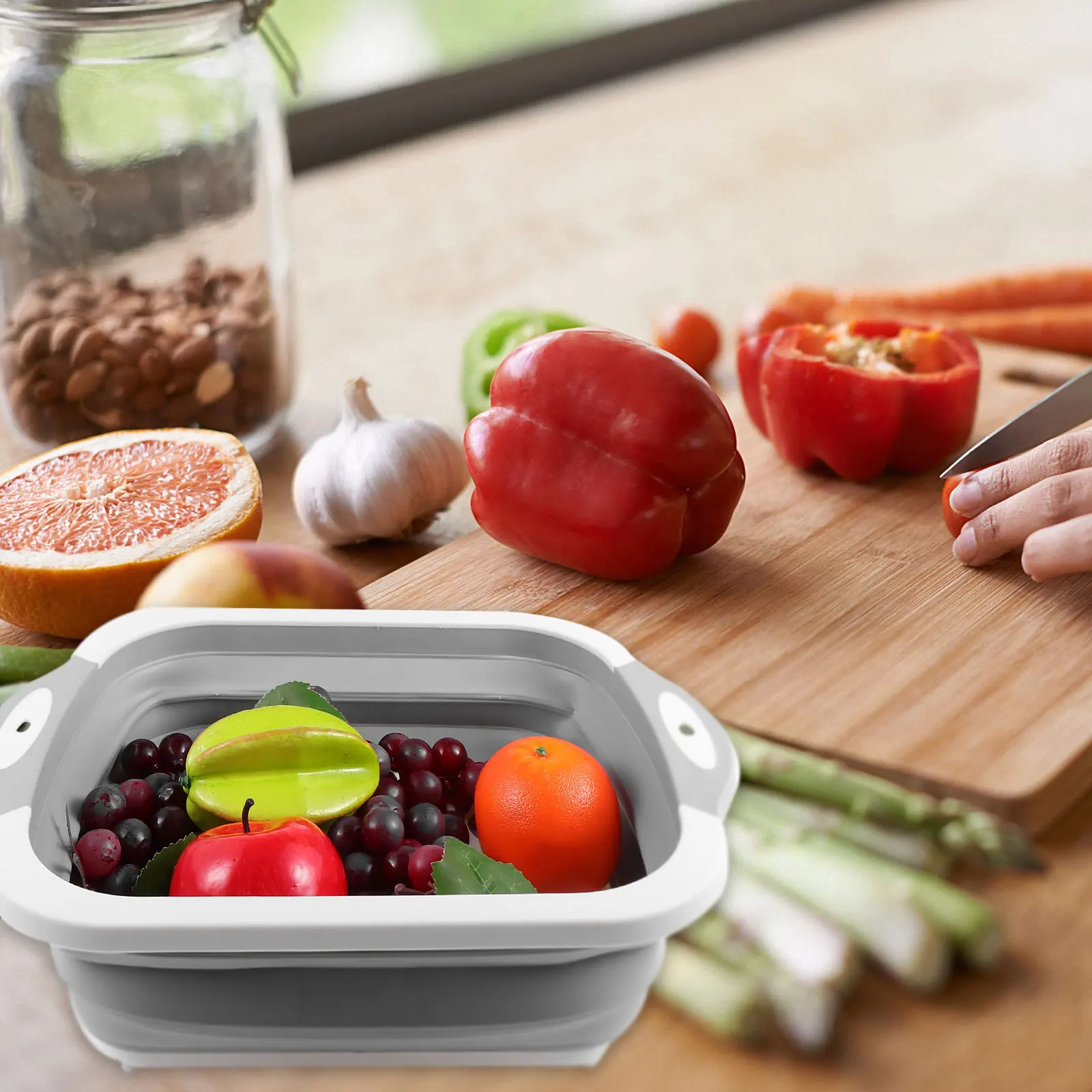 

Folding Cutting Board and Washing Basin Warming Chopping Large Drain Foldable Kitchen Draining Basket Vegetable