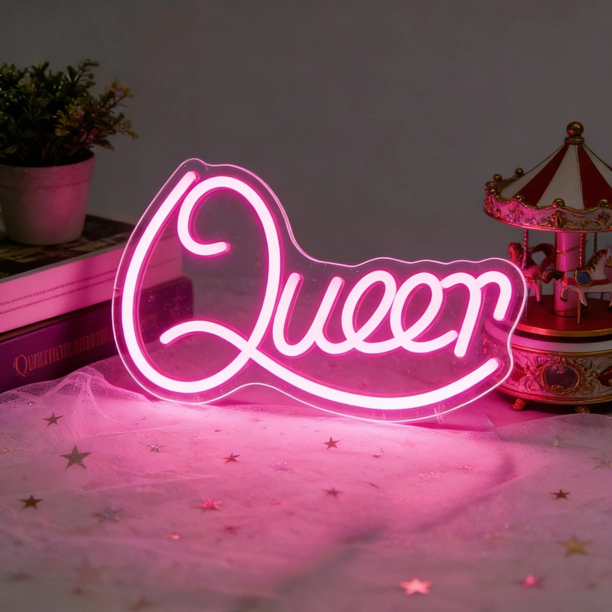 Queen Pink Neon Sign LED Dimmable USB Night Light for Girl Bedroom Vanity Party Lounge Acrylic Aesthetic Room Decor Wall Art