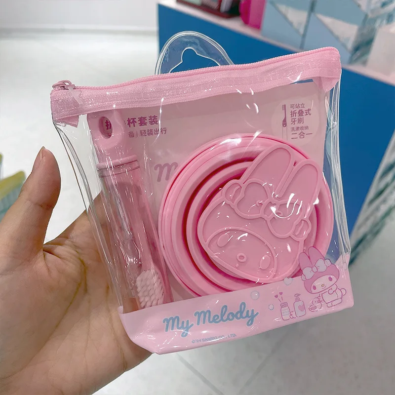 

Аниме Kawaii Sanrio Hello Kitty, складная чашка, набор чашек для полоскания рта, дорожная портативная зубная щетка, зубная щетка, зубная чашка, сумки для хранения, чехол