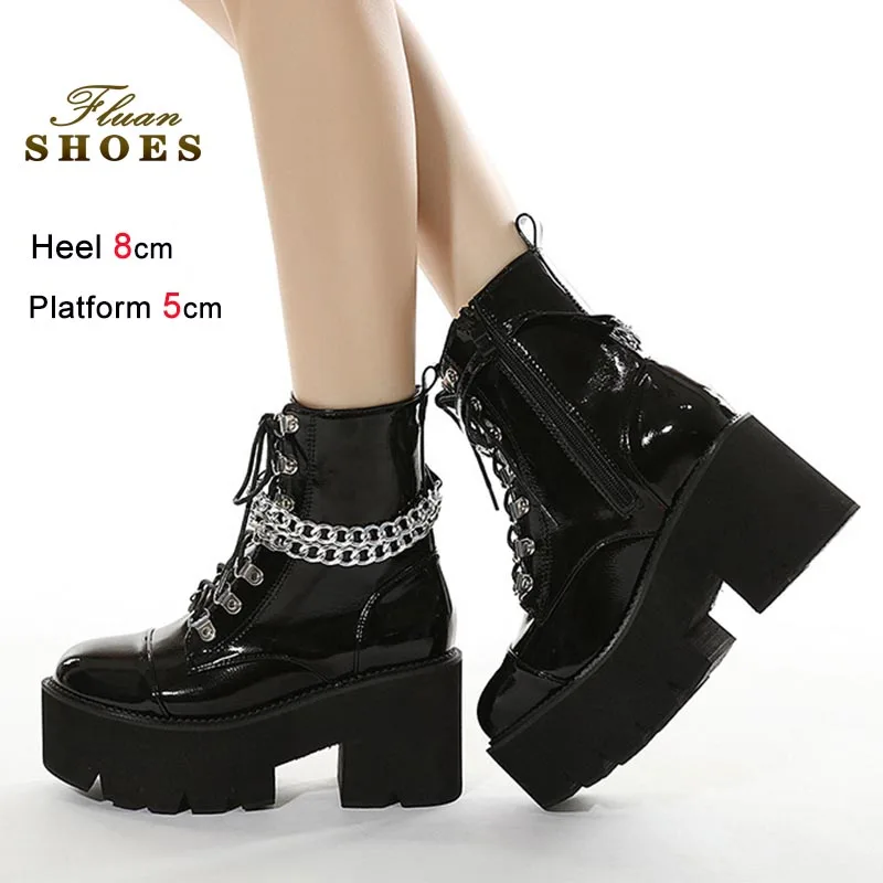 

2025 New Women Shoes Black Thick Platform High Heeled Short Boots Metallic Chain Decoration Non-slipping Sole Lady Ankle Boots