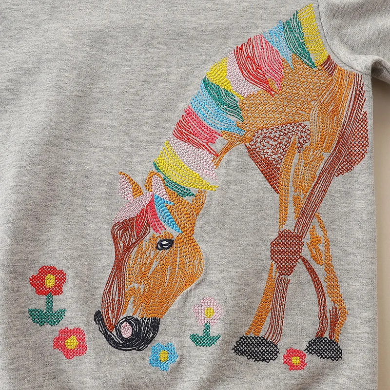 Little maven 2024 Baby Girls New Fashion Tops with Pretty Horse Lovely Grey Children Sweatshirt Cotton for Kids 2-7year