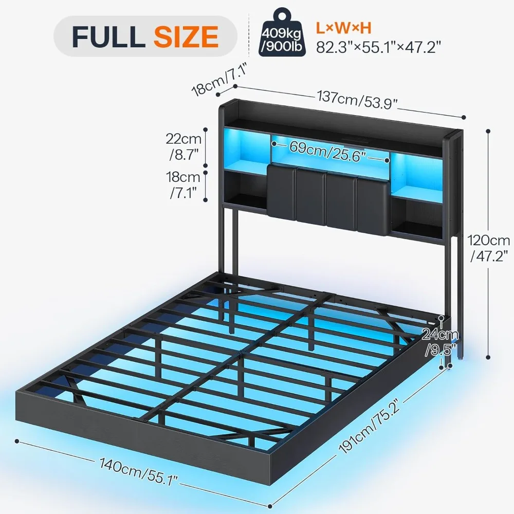 هيكل سرير كامل الحجم مع لوح أمامي، هيكل سرير عائم مع مقبس طاقة وأضواء LED، لوح رأسي مبطن بالكامل #2