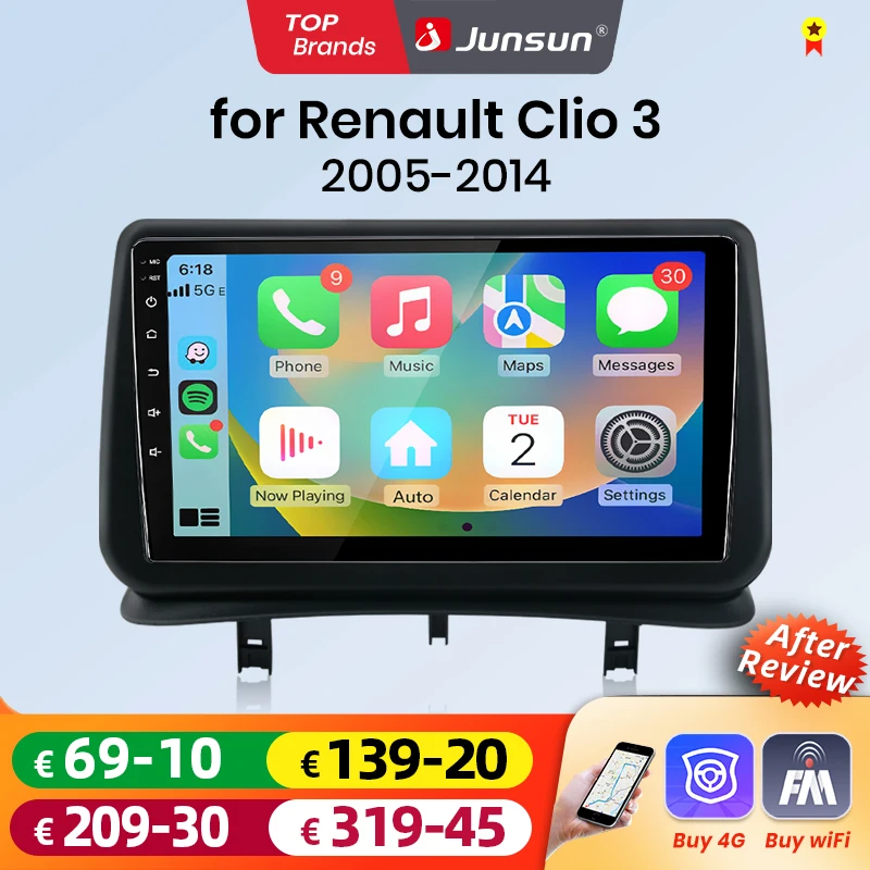 Autoradio Android Auto Junsun pour Renault Clio 3 2005 2006 2007 2008 2009 2010 2011-2014, système intelligent multiméd…