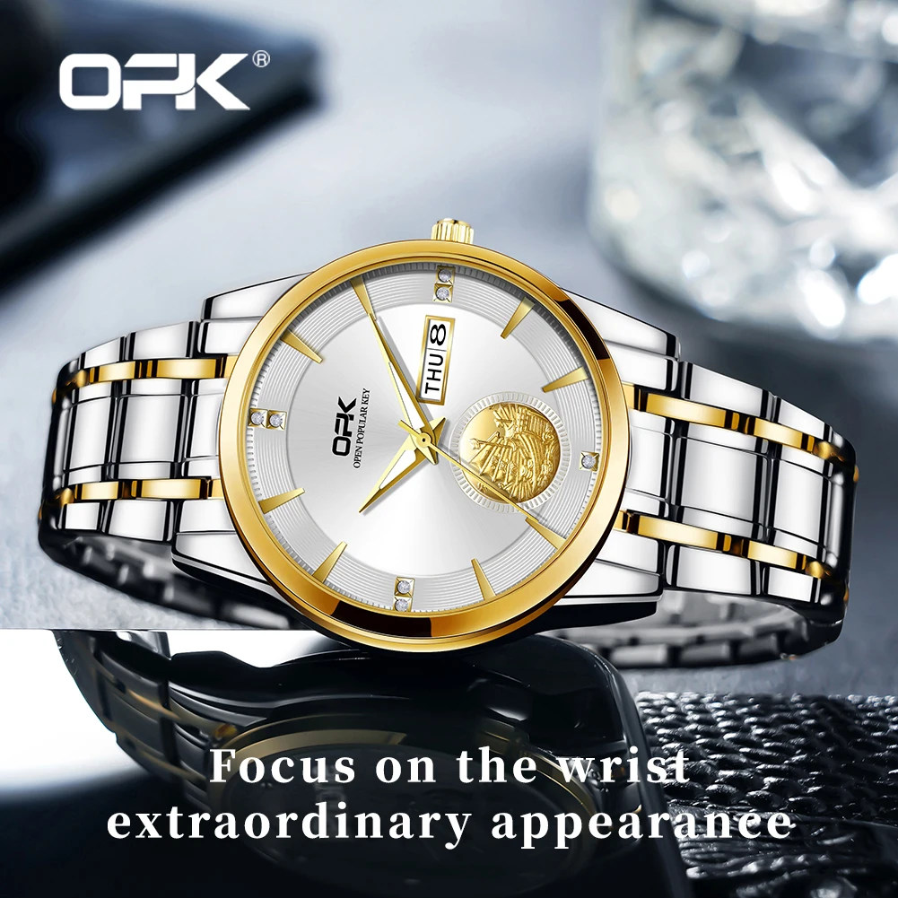 OPK brand steel belt luminous waterproof double calendar men\'s quartz watch 8131