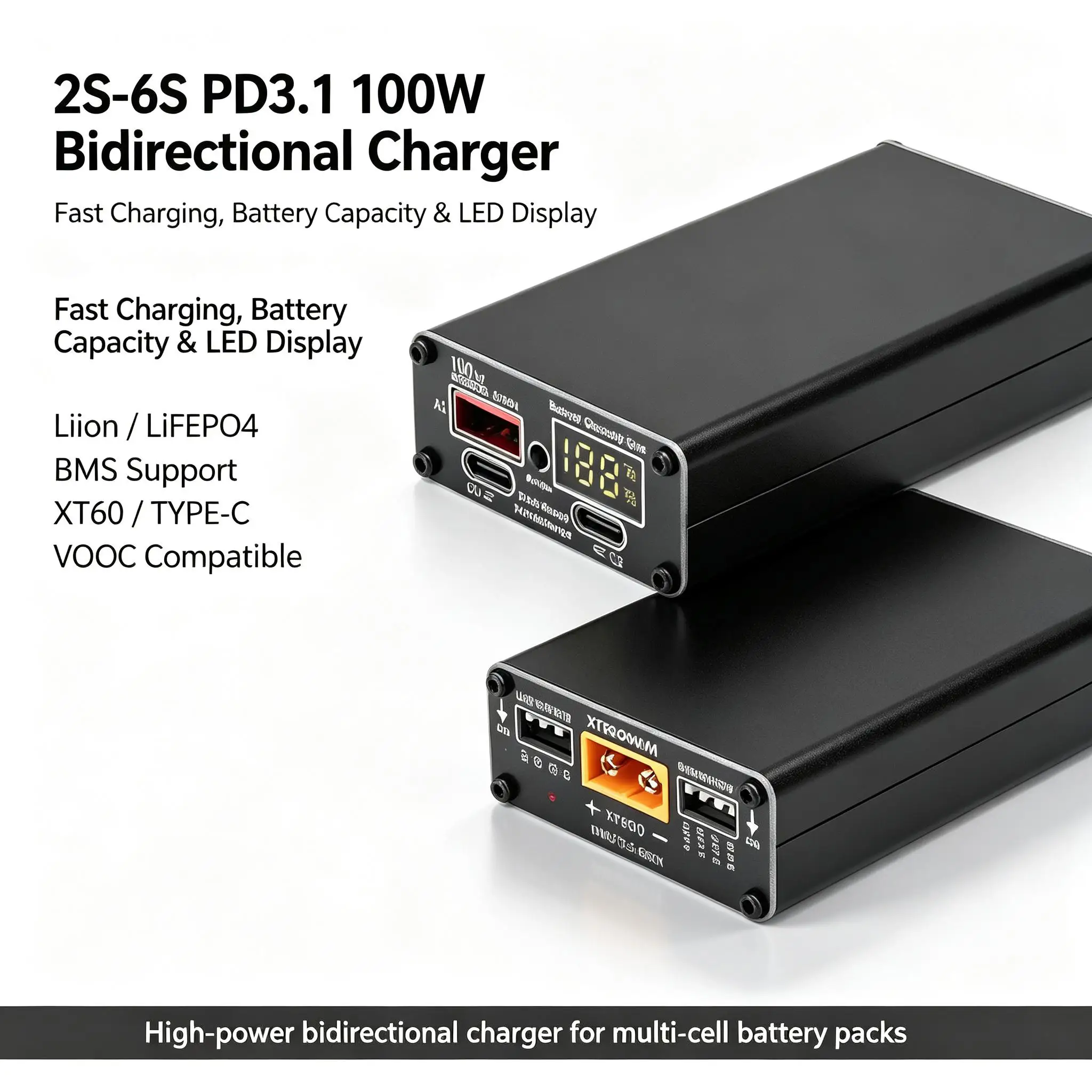 DYKB PD3.1 100W VOOC FastCharging 2S 3S 4S 5S 6S XT60 TypeC BidirectionalCharger Battery LEDCapacityDisplay F/ LiIon Lifepo4 BMS