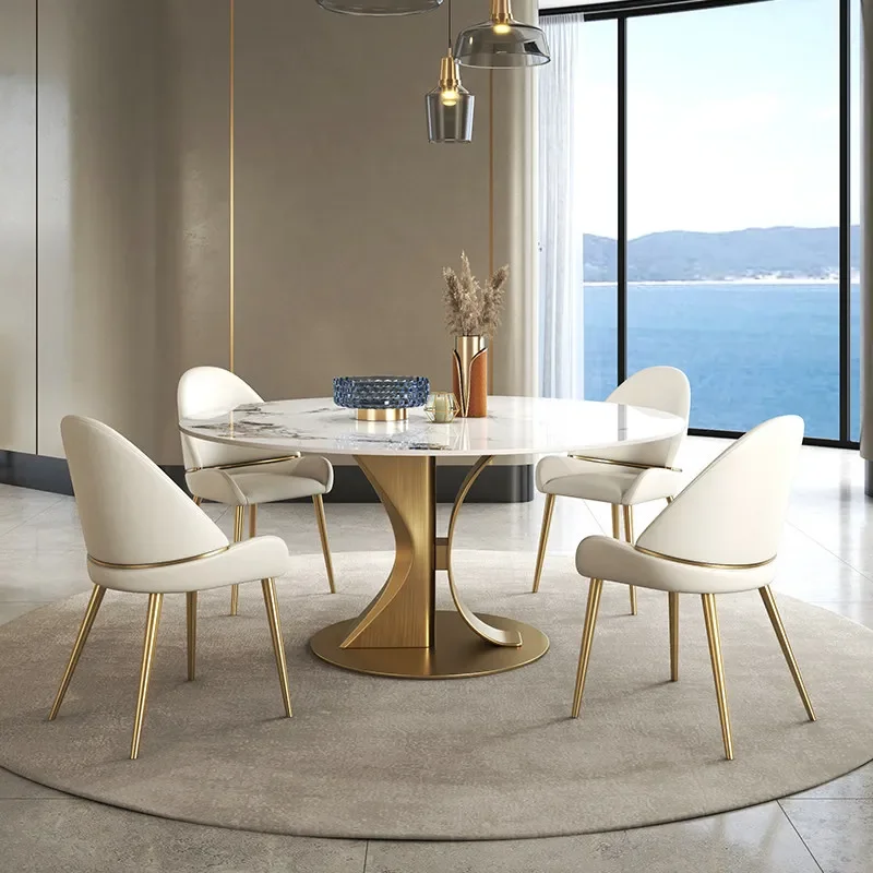 Round Rock Slab Dining Table with Turntable Modern Simple Light Luxury Designer Creative Home Furniture Bright Pandora Style