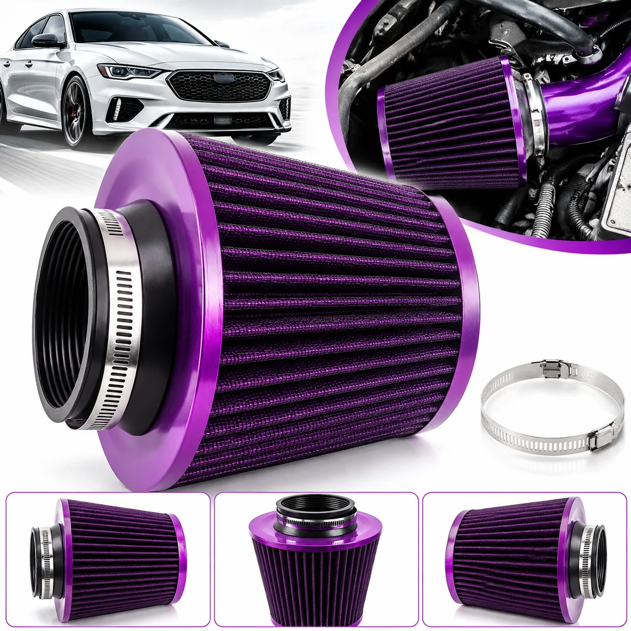 Universal 3 Inch 76mm High Flow Cold Air Intake Cone Filter Purple Dry Washable Car Air Filter Replacement Auto Modification Accessories