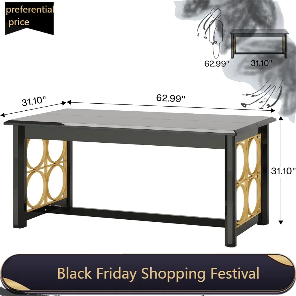 

63" Conference Table, Rectangular Meeting Tables with Sturdy Gold Legs & Glossy Surface, Seminar Table for Office Meeting