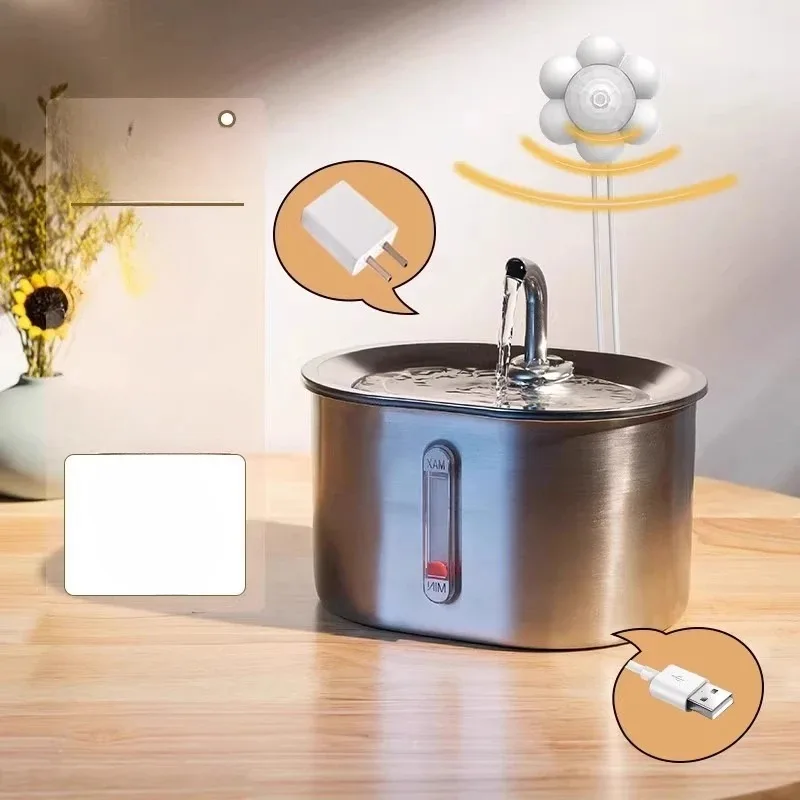 Stainless steel cat water dispenser, automatic circulating water, unplugged pet constant temperature water dispenser