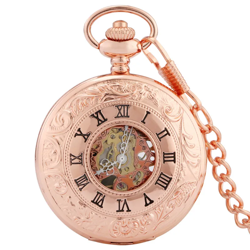 Bronze Roman Number Cover Men Women Handwinding Mechanical Pocket Watch Skeleton Dial with Pendant Fob Chain Gift