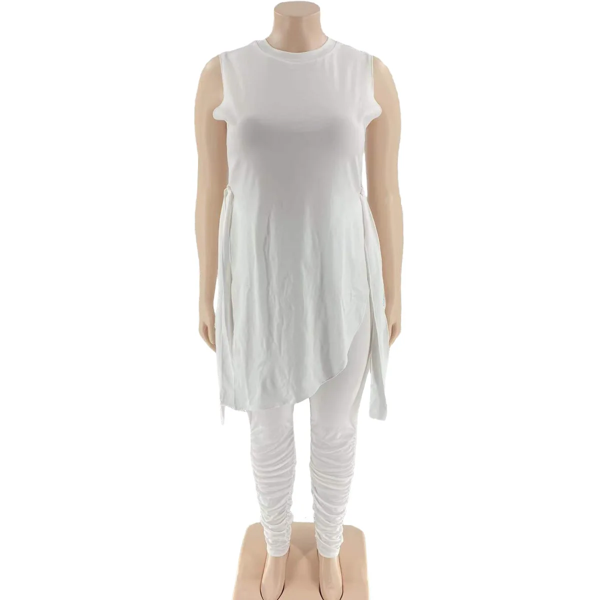 Plus Size Women Sleeveless Irregular Tops &  Pleated Trousers 2 Piece Set Ladies Solid Color Side Slit Tops & Stacked Pant Outfi