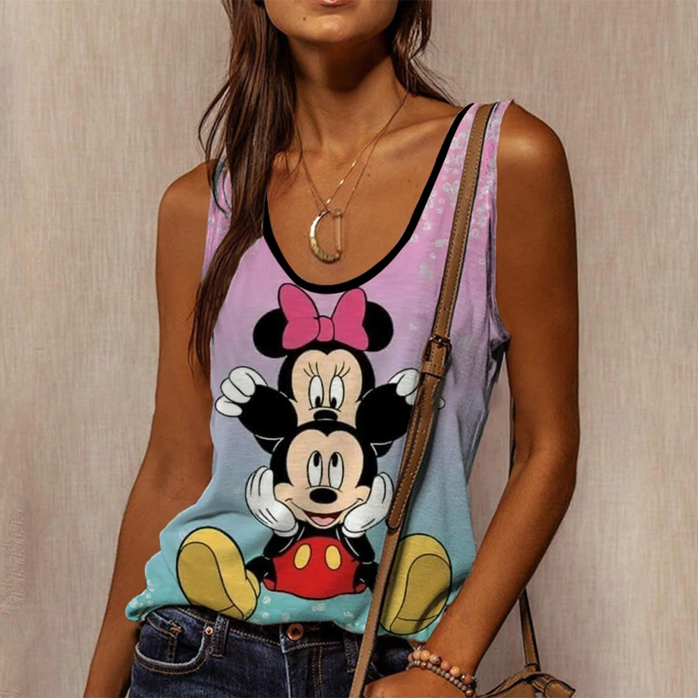 Disney Mickey Mouse 3D Print Tank Tops Women Retro Streetwear Y2k Oversized O-Neck Vest Off Shoulder Sleeveless Woman Camisole