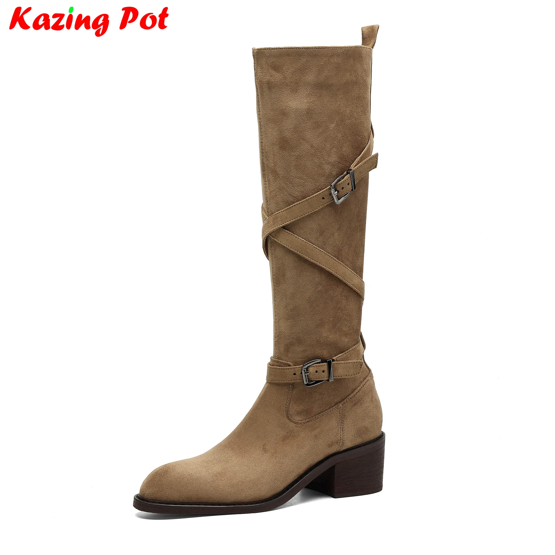 

Flock Round Toe High Heels Riding Boots Dating Warm Autumn Winter Shoes Concise Belt Buckle Luxury Brand Women Knee-high Boots