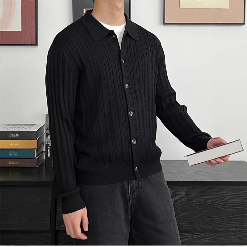 

Сплошной цвет, кардиган с отложным воротником, мужской вязаный свитер, весенне-осенний тонкий свитер на пуговицах, мужской легкий роскошный трикотаж