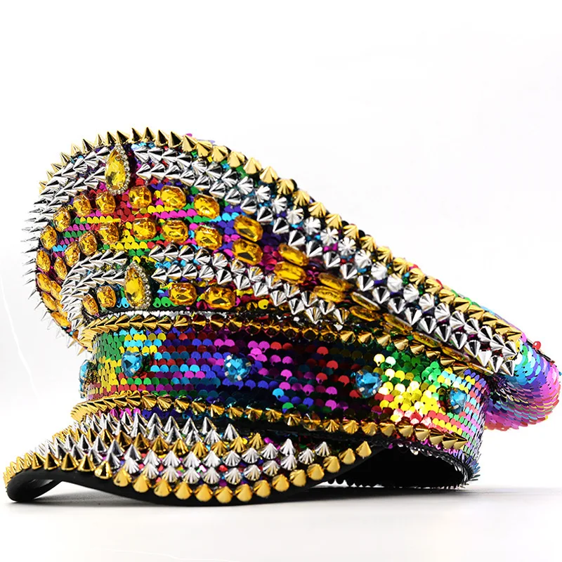 カラフルなリベット、ラインストーンのスパンコール、ネイビーの帽子、フラットシルクハットを備えたトレンディなテムシェイン