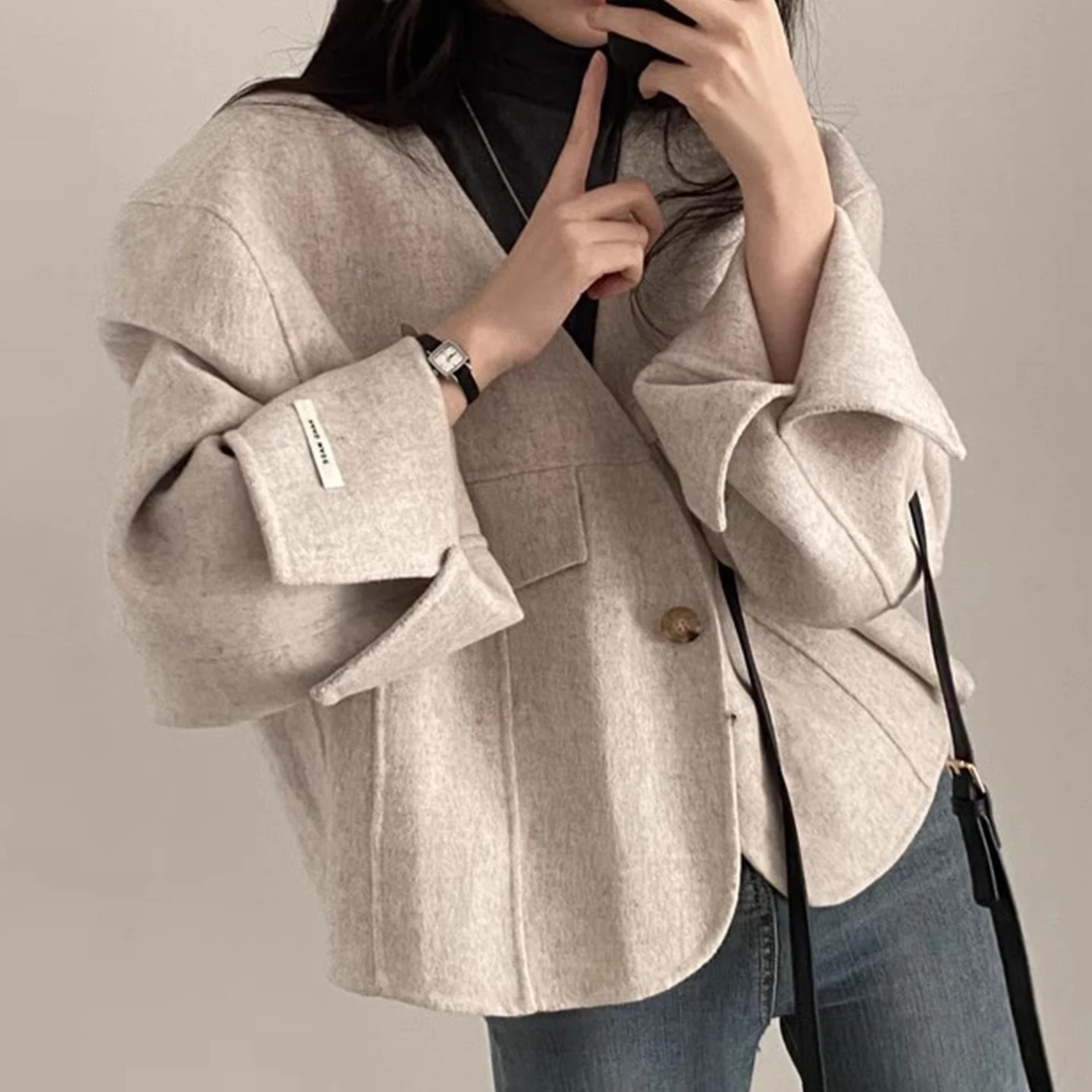 

Chic Winter New V-Ne-Button Design Loose Sve Roll-Way Woolen ort Coat for Women Korean Sle Loose Fit Long Sve