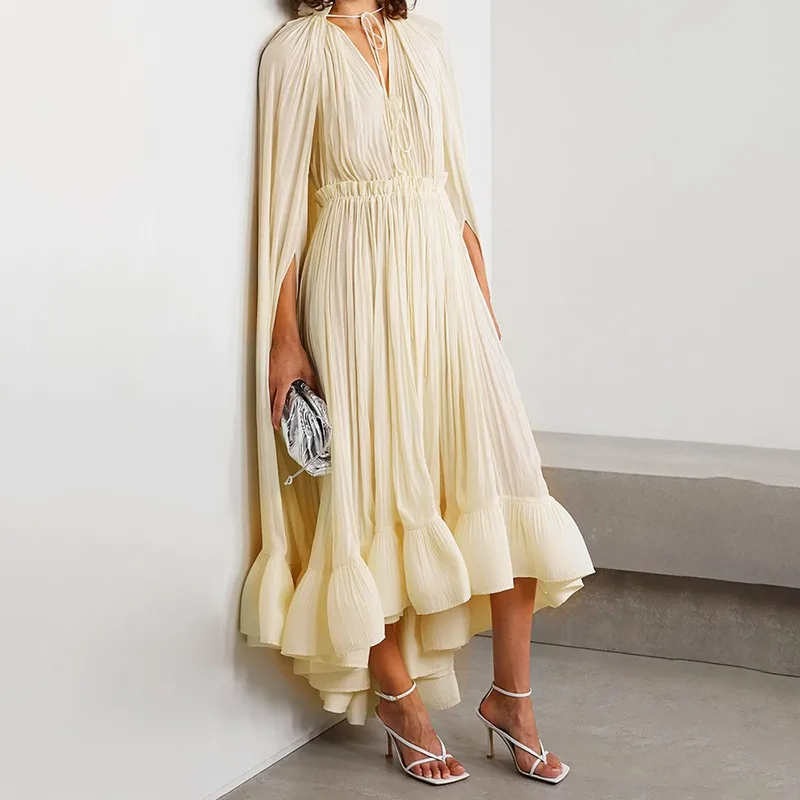   Cowl Ne Maxi Dr mit Plissee-Detail Faionable Ele Gown Sle Long Sve Baumwollmischung Business Casual Dr