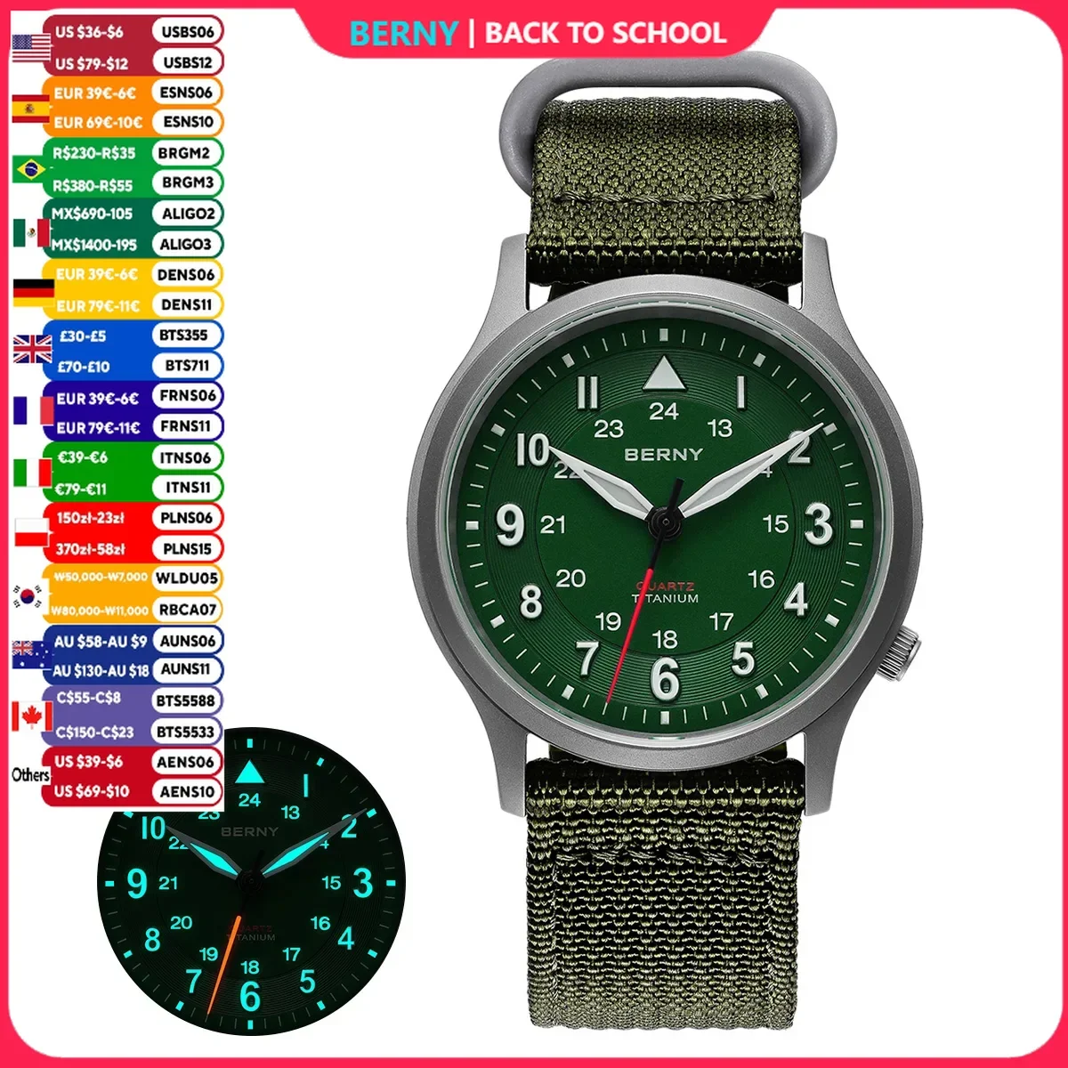 BERNY Titanuhren für Herren, superleuchtende Saphir-Felduhr für Herren, Outdoor-Quarz-Armbanduhr, leicht, 5 ATM