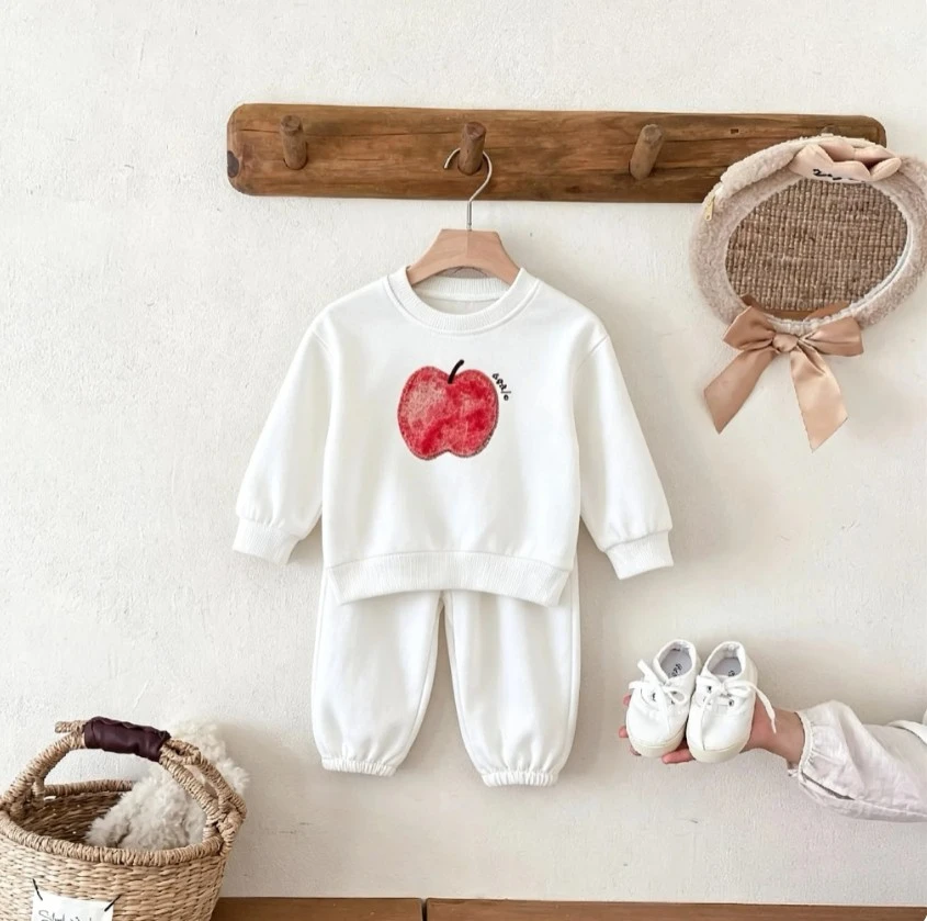 Baby Two Piece Tracksuit Cute Fruit Printed Sweatshirt Outfit Kid Crew Neck Long Sleeve Pullover+Pants Child Daily Wear Trousers