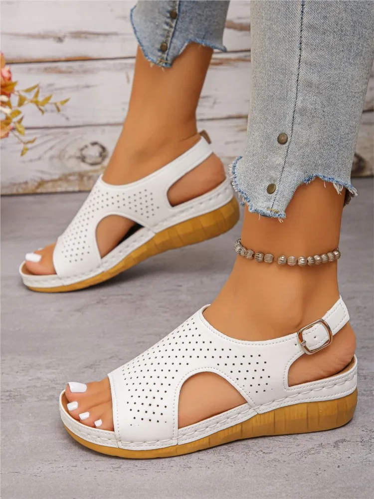 Summer 2026 Women's Comfortable Thick Heel Casual Sandals Fish Mouth Slip-On Shoes Pure Color Large Size Leisure Footwear