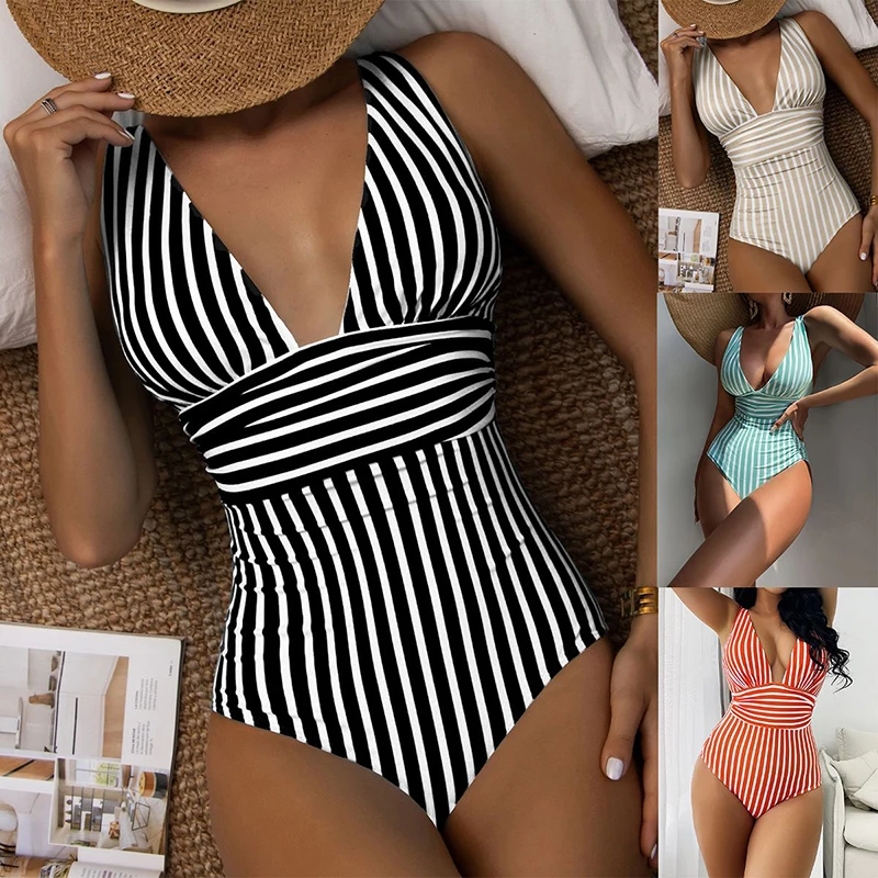 

2025 new women's clothing multi-color printed waist cinched V-neck adjustable back with chest cushion one-piece bikini