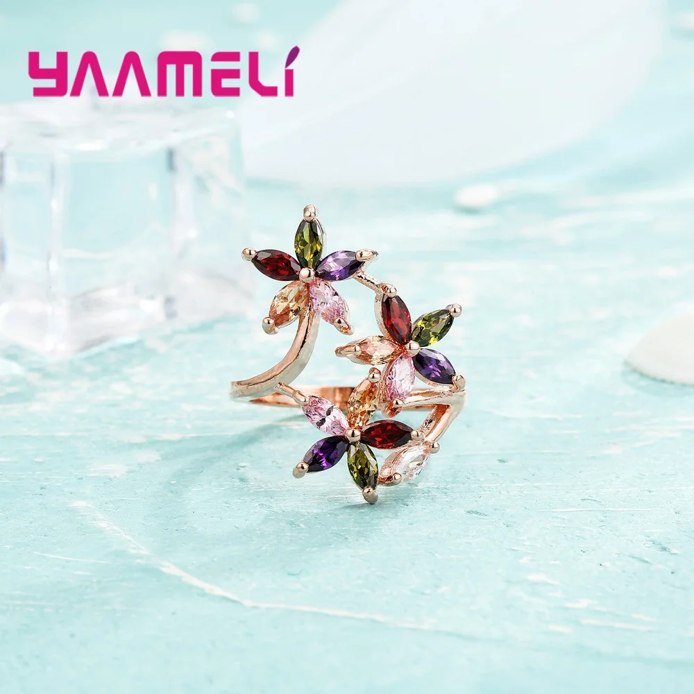 New Arrival 3 Colorful Cubic Zirconia Stone Flowers Finger Rings For Women Ladies Rose   Gold Color Jewelry Crystal Gift