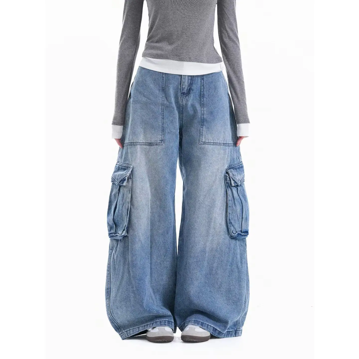 Trendy Japanese Style Artistic Lazy Minimalist Harajuku Washed Vintage Large Pocket Knife Denim Jeans