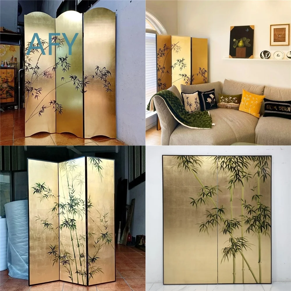 Hand Painted Bamboo Folding Screen for Chinese Style Villa Living Room Office Club Hotel Restaurant Decor Gold Foil Screen