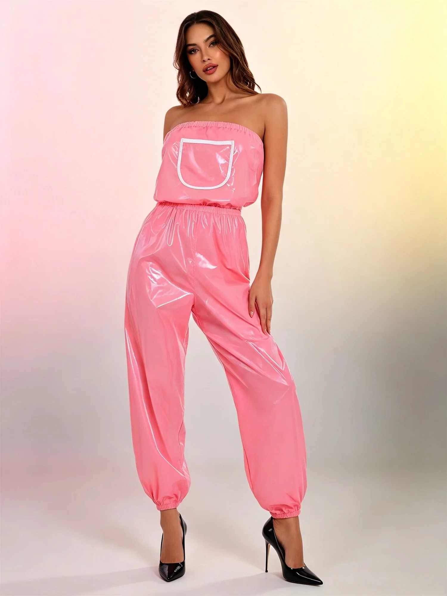 Women Glossy Waterproof Jumpsuit Swimwear Clubwear Strapless Elastic Waist Leg Opening Adaptive Rompers Leak-proof Diaper Cove